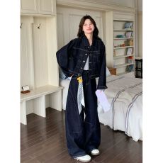 批发深蓝色复古冷淡系牛仔套<b class='q'>装</b>女2026秋新款<b class='q'>气质</b>翻领外套阔腿<b class='q'>裤</b><b class='q'>两件套</b>
