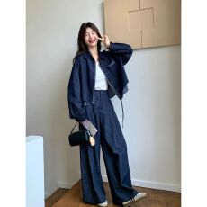 批发深蓝色格纹拼接牛仔套<b class='q'>装</b>2026新款女春秋爆款高级感<b class='q'>气质</b>显瘦两件套