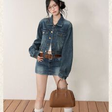 批发2026新款做旧复古水洗<b class='q'>牛仔</b>短外套女秋季显瘦古早外套半身裙<b class='q'>套装</b>潮