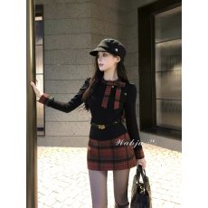 批发画解WAHJU 香颂佳人法式气质显瘦蝴蝶结格子拼接显瘦上衣女<b class='q'>冬</b>半裙