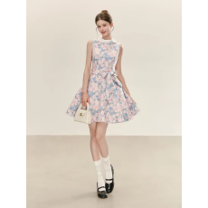 批发QDQD 千金风碎花<b class='q'>连衣裙</b>春夏复古优雅<b class='q'>无袖</b>收腰系带显瘦气质A字裙女