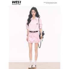 批发WESTAYONE粉色衬衫女小个子衬衣高级感+油画印花短裙