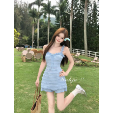 批发画解WAHJU 撩心美神夏季蕾丝花边木耳边提花纯欲度假风吊带连衣裙