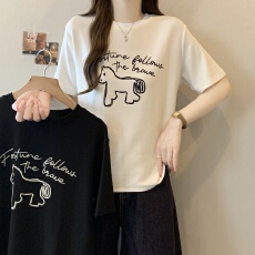 批发韩系慵懒小马植绒印花超柔软双面棉宽松短袖T恤女夏季百搭上衣