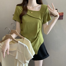 批发实拍2026不规则正肩短袖女t恤<b class='q'>夏</b>新款大码胖mm遮肚子气质显瘦上衣