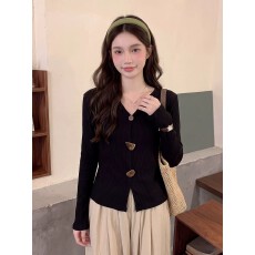 批发黑色V领长袖T恤女<b class='q'>春</b>秋季2026新款设计感开叉显瘦内搭针织衫上衣