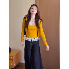 批发韩系温柔黄色短款针织开衫女早秋高级感内搭叠穿吊带<b class='q'>背心</b>两件套潮