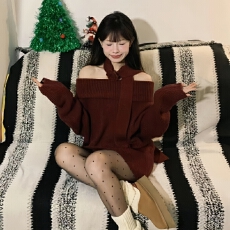 批发<b class='q'>韩版</b>新款系带红色毛衣女204冬季新款宽松慵懒风加厚针织衫上衣女