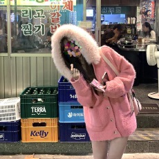 批发纯欲大毛领连帽宽松毛衣<b class='q'>外套</b>软糯加厚针织上衣女针织开山纯色
