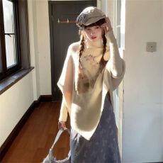 批发韩系温柔风兔子提花<b class='q'>不规则</b>斗篷套头毛衣女秋冬新款慵懒宽松<b class='q'>针织衫</b>