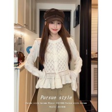 批发暖漾织甜<b class='q'>荷叶边</b>针织开衫女秋冬镂空钩花<b class='q'>毛衣</b>外套软糯长袖上衣