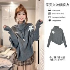 批发高领韩系复古针织上衣<b class='q'>不规则</b>设计感蝙蝠袖高领套头毛衣女