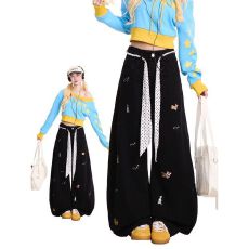 批发美式黑色<b class='q'>牛仔裤</b>女夏季童趣小狗刺绣设计感小众高腰显瘦直筒拖地裤