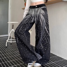 批发【<b class='q'>镶钻</b>】水洗满天星烫钻<b class='q'>牛仔裤</b>女街头直筒宽松显瘦阔腿坠感长裤