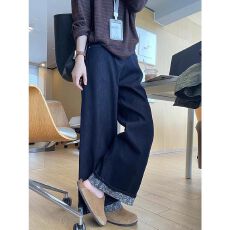 批发大码复古深蓝色牛仔裤女秋季胖mm梨形身材宽松<b class='q'>高腰</b>显瘦直筒<b class='q'>阔腿裤</b>