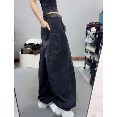 批发大码复古美式弯刀牛仔裤女<b class='q'>秋</b>季胖mm梨形身材高腰显瘦直筒阔腿裤子