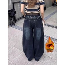 批发美式复古廓形弯刀加绒牛仔裤男女冬季新款高街宽松阔腿百搭长裤子