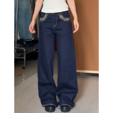 批发美式很忙复古设计感铆钉豹纹阔腿牛仔裤女<b class='q'>秋</b>季新款宽松休闲长裤潮