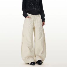 批发美式OOTD解构白色弯刀牛仔裤男女cleanfit设计感宽松情侣工装裤潮