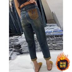 批发大码弹力<b class='q'>哈伦</b>加绒<b class='q'>牛仔</b>裤女秋冬胖mm高腰显瘦九分直筒老爹萝卜裤子