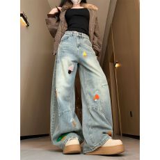 批发美式卡通毛巾绣弯刀<b class='q'>牛仔裤</b>小众设计感阔腿裤镰刀裤