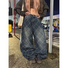 批发美式水洗做旧网格阔腿<b class='q'>牛仔裤</b>男女宽松<b class='q'>休闲</b>百搭拖地长裤