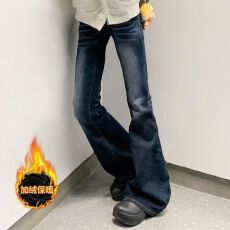 批发美式辣妹复古喇叭裤加绒<b class='q'>牛仔裤</b>女冬季高腰修身显瘦百搭长裤微喇裤