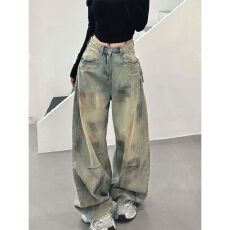批发美式复古脏染弯刀裤<b class='q'>牛仔裤</b>女秋季设计感工装高腰宽松阔腿镰刀裤子