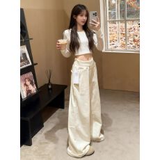 批发薄款/加绒-米<b class='q'>白</b>色女秋冬加绒加厚慵懒拖地长裤阔腿休闲遛弯<b class='q'>裤子</b>