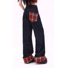 批发红<b class='q'>格子</b>卷边拼接深蓝色拖地牛仔<b class='q'>裤</b>高腰显瘦腿粗遮肉直筒<b class='q'>裤</b>黑甜痞帅