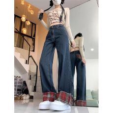 批发春季新款牛仔<b class='q'>裤</b>大码女装胖时尚<b class='q'>格子</b>拼接阔腿直筒