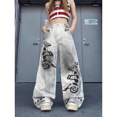 批发美式新风格重工水洗脏染做旧印花牛仔裤女<b class='q'>春</b>秋宽松阔腿拖地长裤