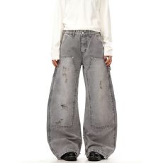批发美式复古解构廓形做旧弯刀工装牛仔裤男女<b class='q'>春</b>秋宽松脏染伐木裤子