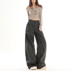 批发【实拍实价】复古格子休闲裤女春季新款中性宽松显瘦慵懒风直筒裤