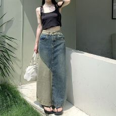 批发牛仔长裙撞色乔小主后开叉牛仔半身裙女高腰显瘦显高包臀中长裙