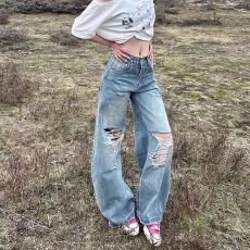 批发【破洞牛仔】2026浩威做旧休闲裤女春秋<b class='q'>新款</b>高街宽松直筒阔腿长裤