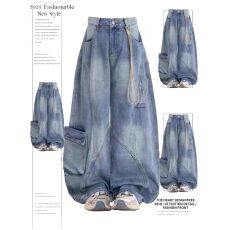 批发【配挂饰原版高质量竹节纹】工装牛仔裤裤子女款<b class='q'>新款</b>宽松阔腿裤