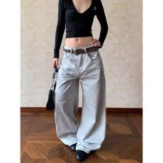 批发水洗做旧猫须扎染弯刀阔腿牛仔裤女秋冬<b class='q'>新款</b>高腰宽松慵懒风直筒裤