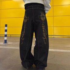 批发2026十八先生春秋高腰图案设计男女同款阔腿直筒刺绣纹理<b class='q'>牛仔裤</b>子