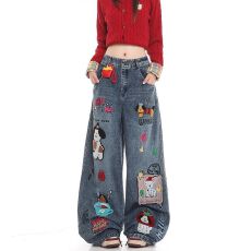 批发趣味卡通布贴<b class='q'>牛仔裤</b><b class='q'>女生</b>秋季新款慵懒风垂感宽松休闲阔腿长裤