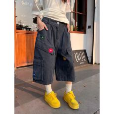 批发大码美式复古花朵刺绣牛仔<b class='q'>七分</b>裤男女高街vibe宽松阔腿工装短裤夏