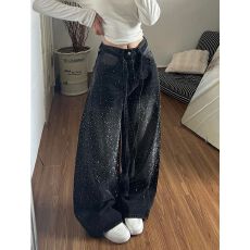 批发黑色小众烫钻阔腿<b class='q'>牛仔裤</b>女春季2026新款满天星设计感<b class='q'>显瘦</b>拖地裤子