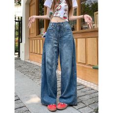 批发大码复古蓝色<b class='q'>牛仔裤</b>女春胖mm梨形身材宽松高腰<b class='q'>显瘦</b>直筒阔腿裤子