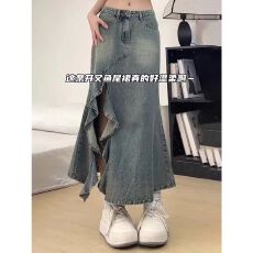 批发大码复古牛仔半身裙女<b class='q'>春</b>季胖mm高腰显瘦中长款开叉a字包臀鱼尾裙