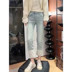 批发大码复古蓝色弹力牛仔<b class='q'>裤</b>女<b class='q'>夏季</b>薄款胖mm高腰显瘦直筒烟管九分<b class='q'>裤</b>子