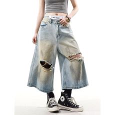 批发美式复古夏季新款破洞牛仔短裤男女水洗宽松痞帅<b class='q'>七分</b>裤潮无***