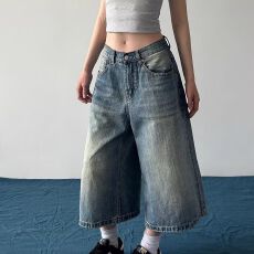 批发时尚潮流美式复古竹节纹<b class='q'>七分</b>牛仔裤男女夏季宽松阔腿短裤潮