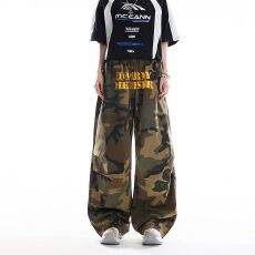 批发实价美式复古字母印花弯刀<b class='q'>迷彩</b><b class='q'>裤</b>女宽松做旧松紧腰阔腿牛仔长<b class='q'>裤</b>