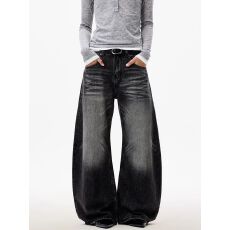 批发美式复古痞帅做旧弯刀<b class='q'>牛仔裤</b>男<b class='q'>女</b>春夏宽松休闲vintage阔腿长裤