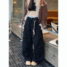 批发【送饰品】美式高街重磅痞帅解构<b class='q'>工装裤</b>男<b class='q'>女</b>cleanfit廓形弯刀长裤